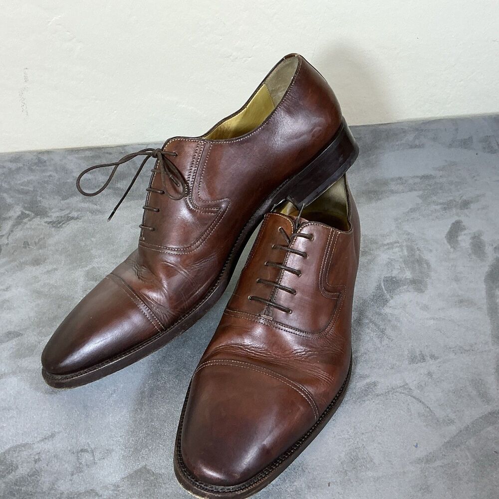 Santoni Cognac Cap Toe Dress Shoes Oxford 12 D Hand Made Luxury Footwear Men’s - Picture 2 of 10